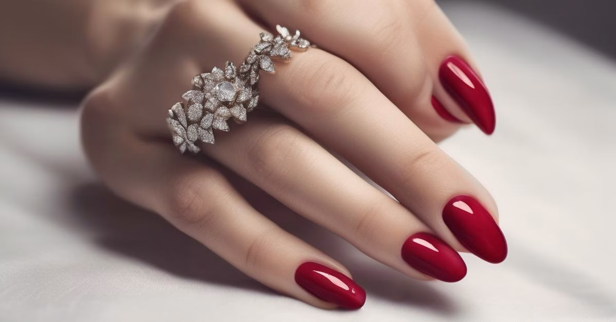 Dłoń kobiety z pięknie manicured czerwonymi paznokciami ozdobionymi kryształkami na tle sugerującym elegancję.